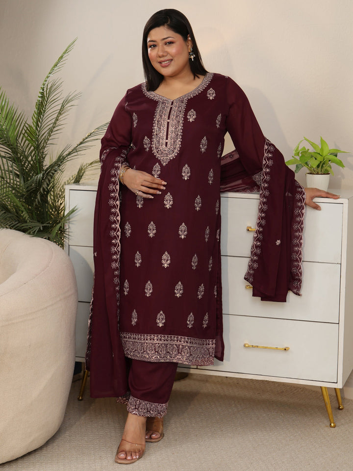 Plus Size Maroon Embroidered Chinon Straight Suit Set