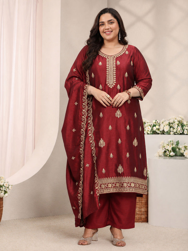 Plus Size Maroon Ethnic Motifs Embroidered Silk Blend Straight Suit Set With Dupatta