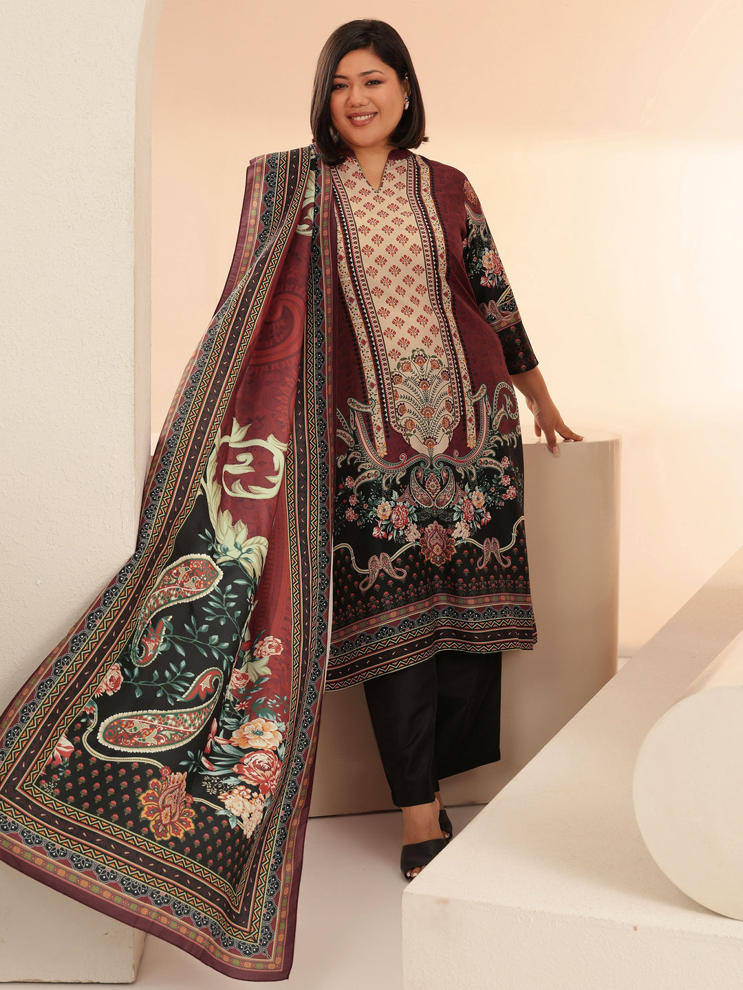 Plus Size Maroon Ethnic Print Muslin Straight Suit Set