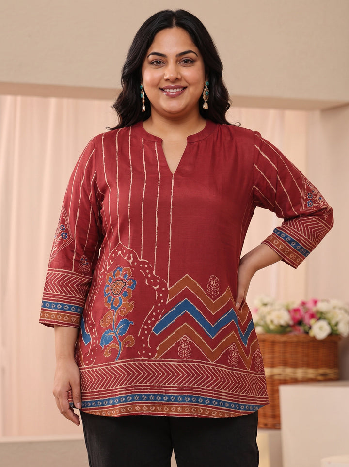 Plus Size Maroon Ethnic Printed Silk Blend Straight Short Kurti