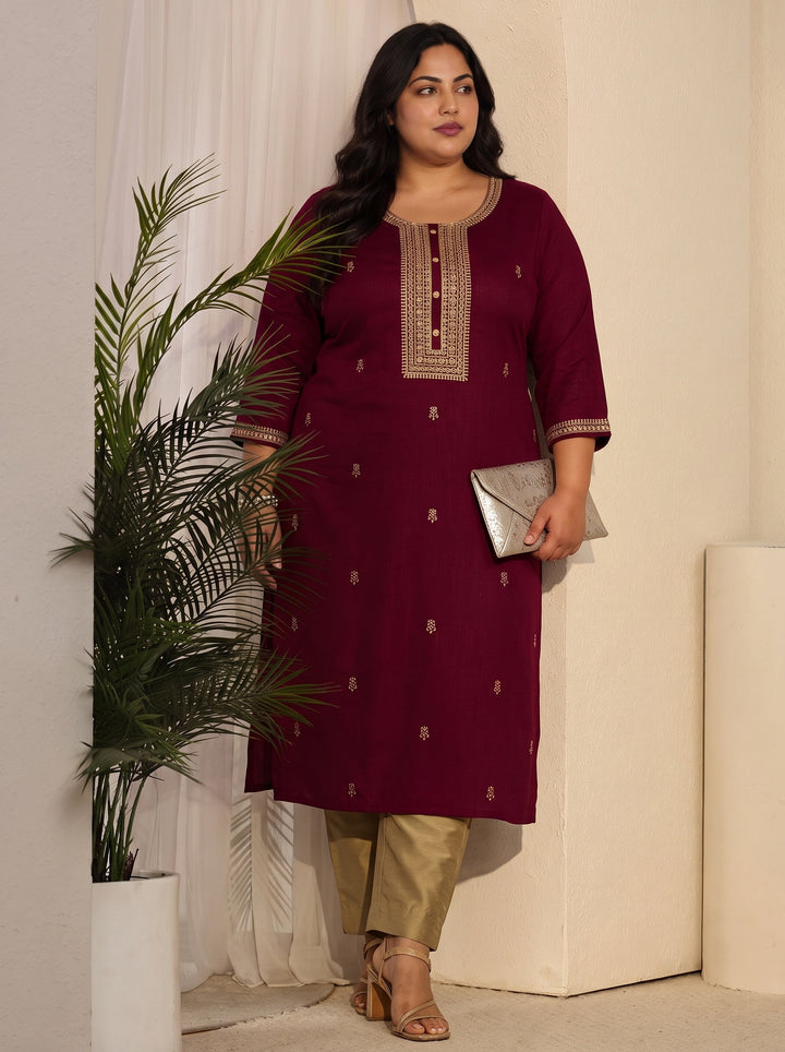 Plus Size Maroon Floral Embroidered Silk Blend Straight Kurta
