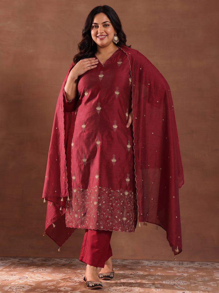 Plus Size Maroon Floral Embroidered Silk Blend Straight Suit Set
