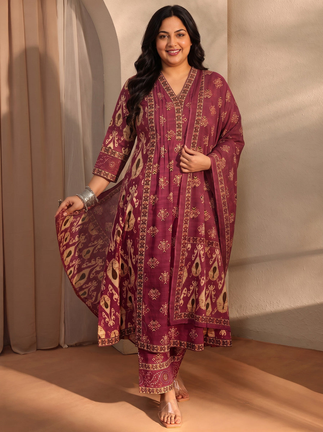 Plus Size Maroon Floral Printed Cotton Blend A-Line Suit Set With Dupatta