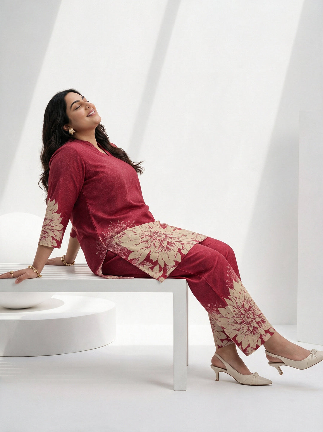 Plus Size Maroon Floral Printed Muslin Straight Kurta Set