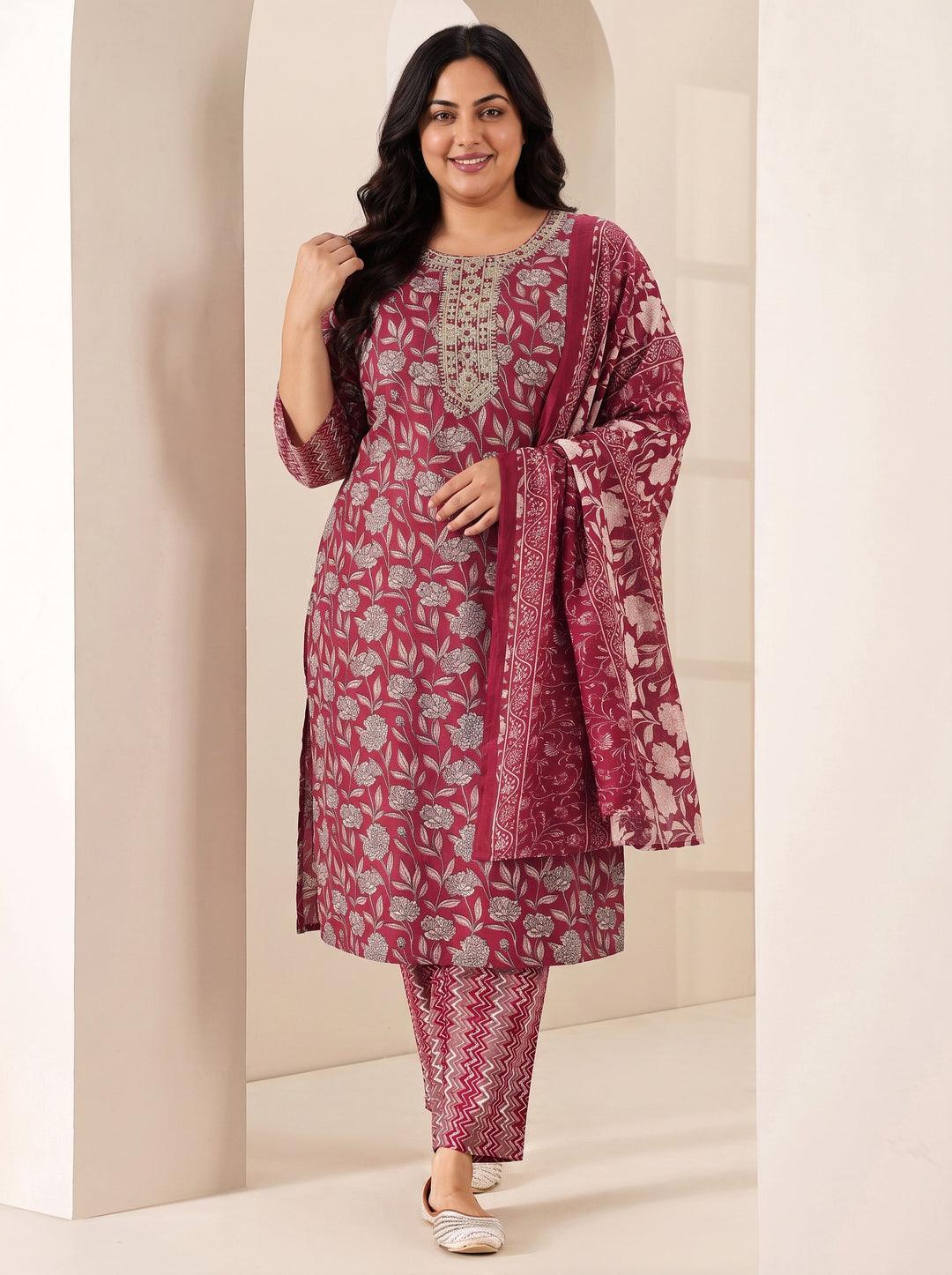 Plus Size Maroon Printed Cotton Blend Straight Suit Sets With Dupatta
