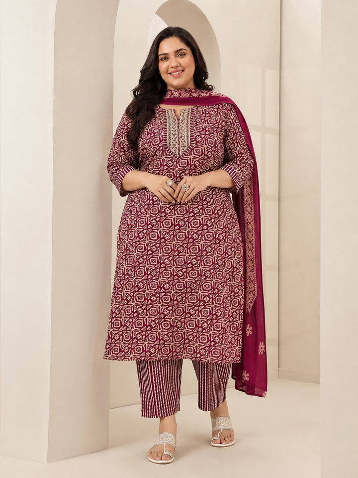 Plus Size Maroon Printed Cotton Blend Straight Suit Sets With Dupatta