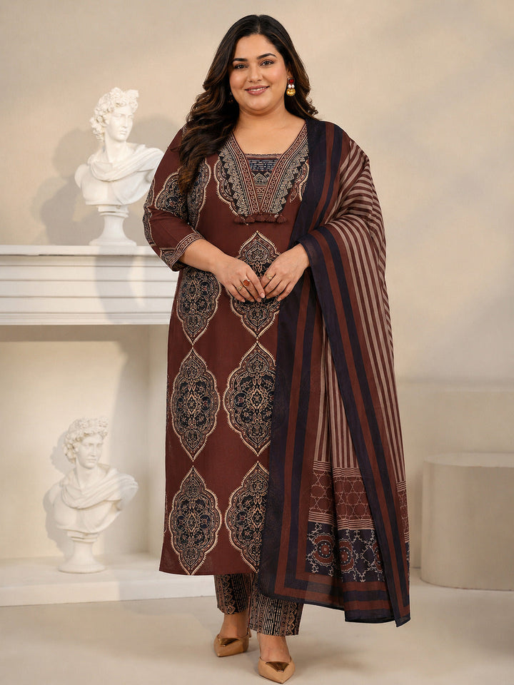 Plus Size Maroon Red Printed Cotton Straight Suit Set with Tassel Yoke