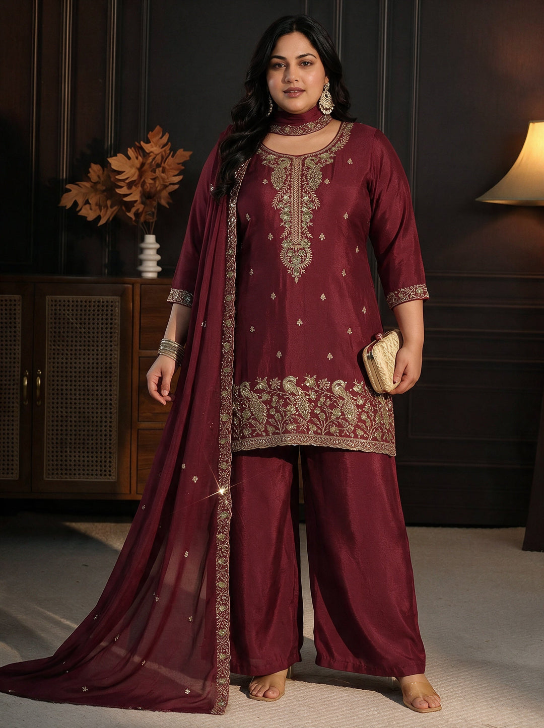 Plus Size Maroon Sequin Embellished Chinon Palazzo Suit Set