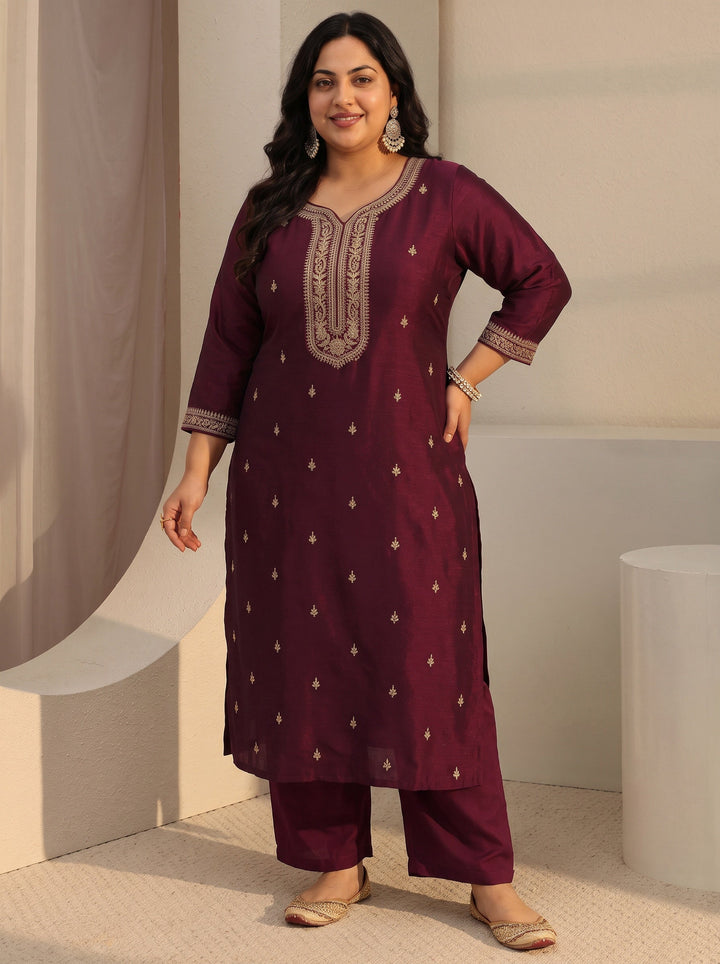Plus Size Maroon Yoke Design Embroidered Silk Blend Straight Kurta