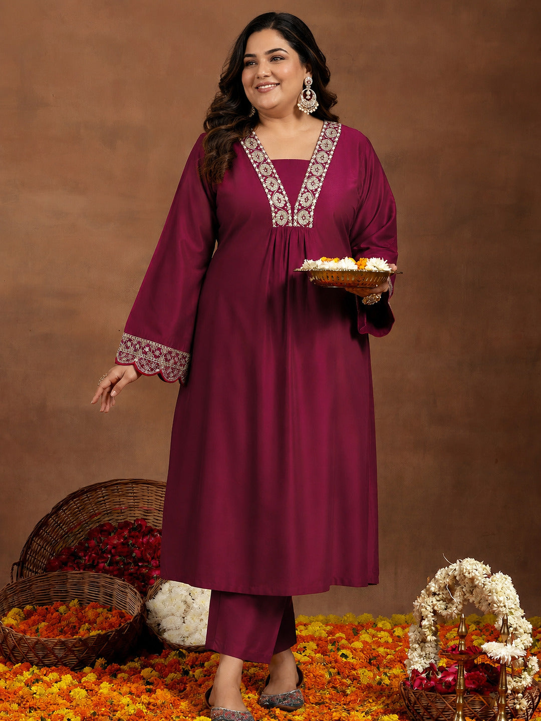 Plus Size Maroon Yoke Design Silk Blend Straight Kurta Set
