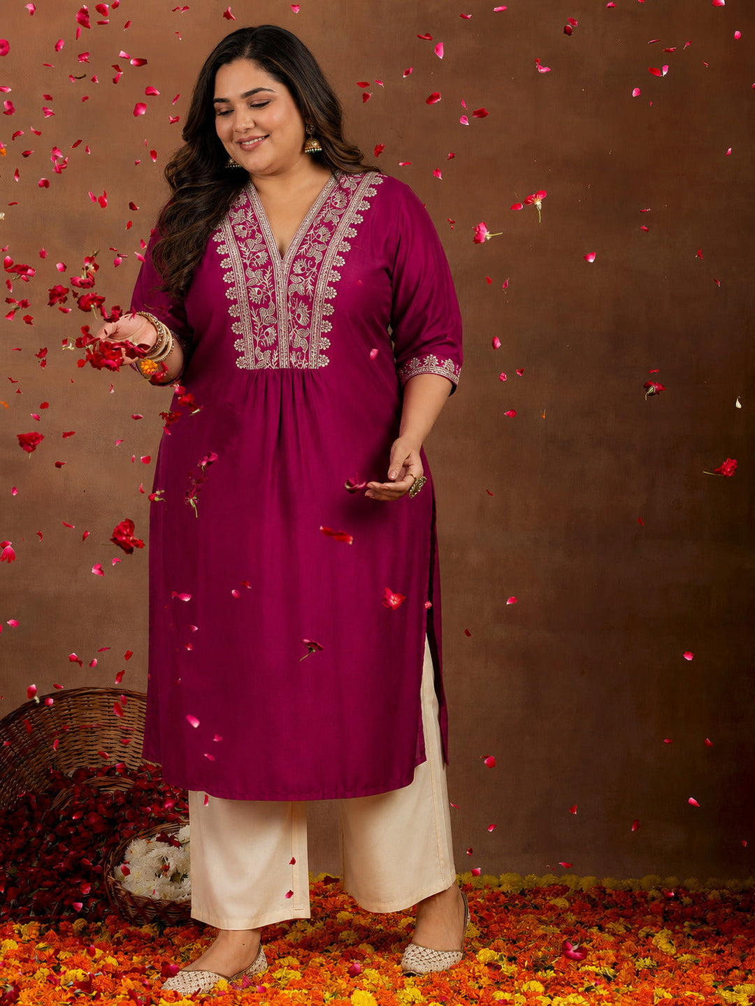 Plus Size Maroon Yoke Design Silk Straight Kurta