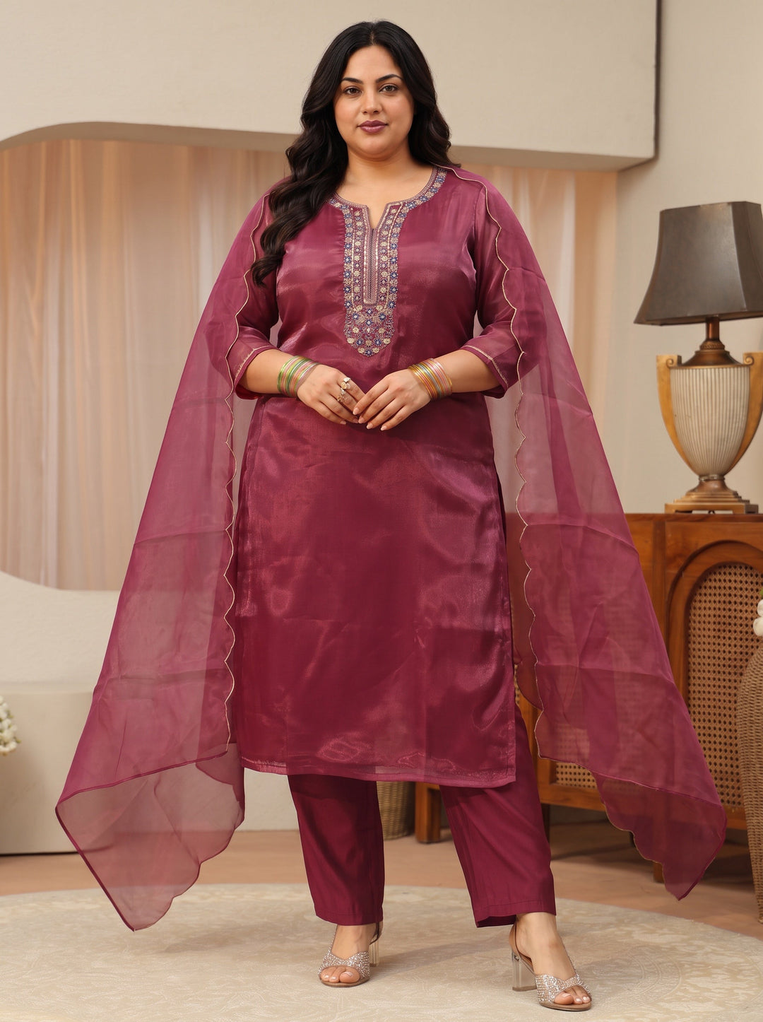 Plus Size Maroon Yoke Design Tissue Straight Suit Set