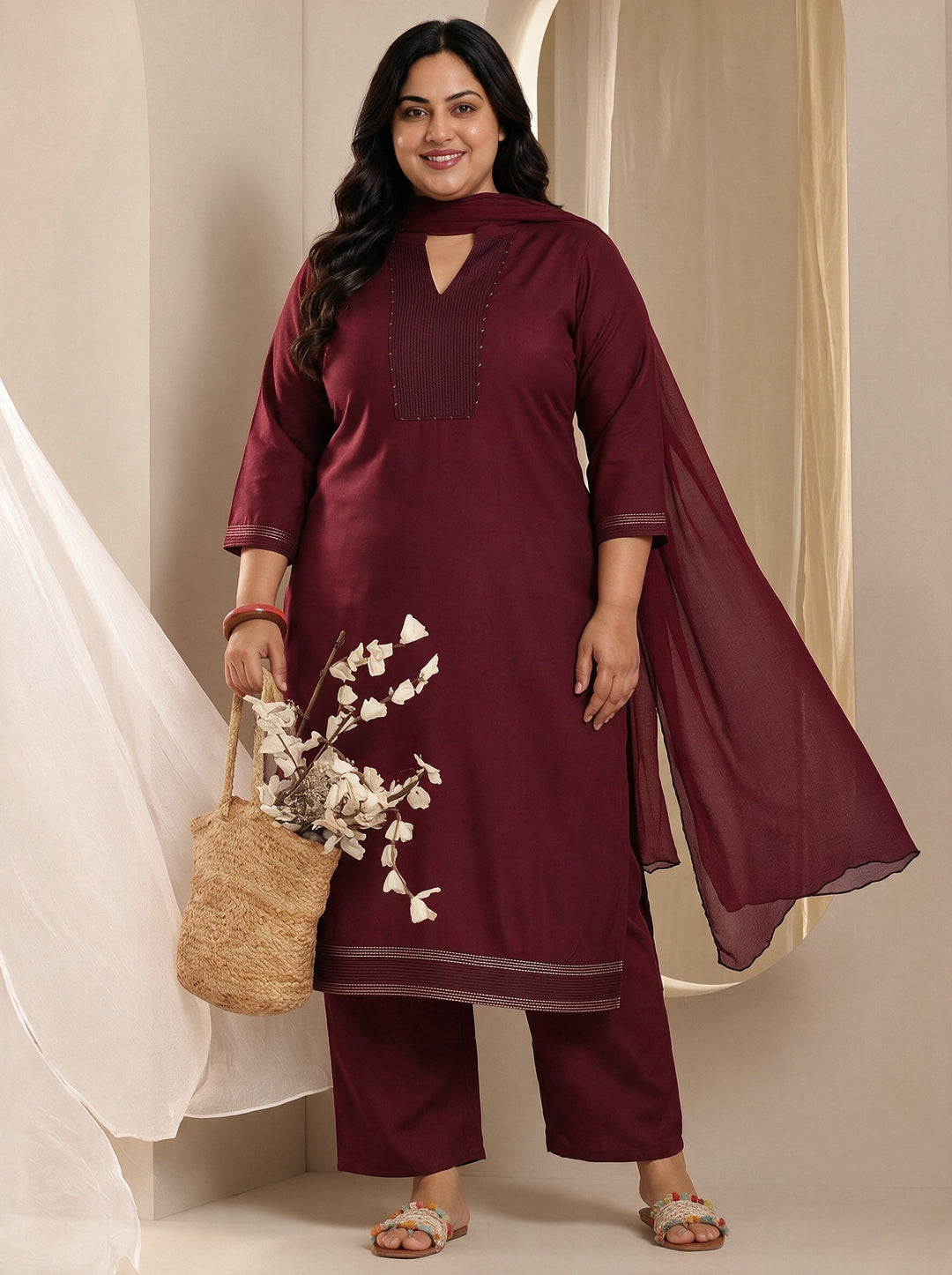 Plus Size Maroon Yoke Design Viscose Rayon Straight Suit Set With Dupatta