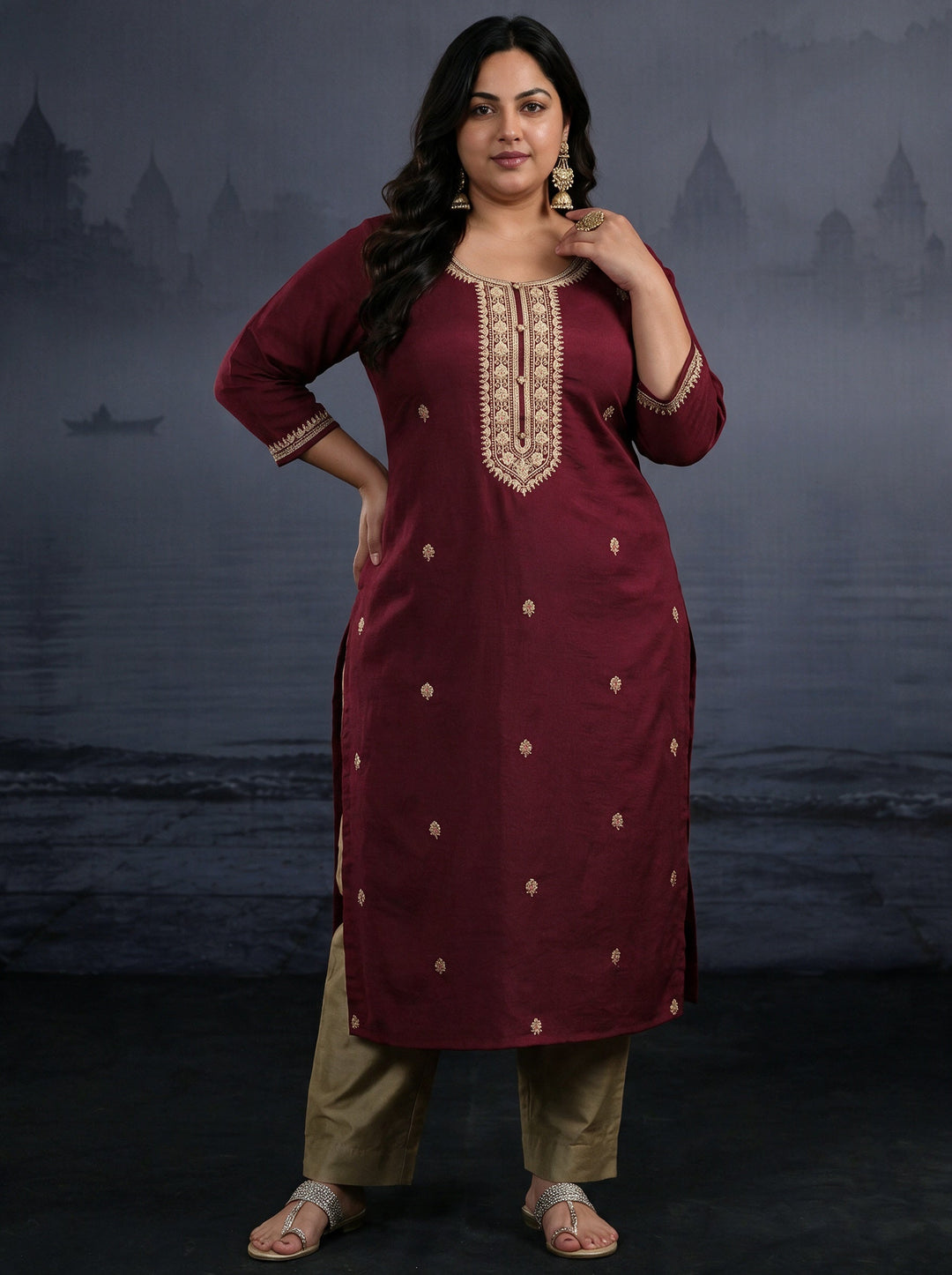 Plus Size Maroon Yoke Embroidered Silk Blend Straight Kurta