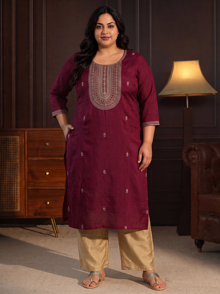 Plus Size Maroon Yoke Embroidered Silk Blend Straight Kurta