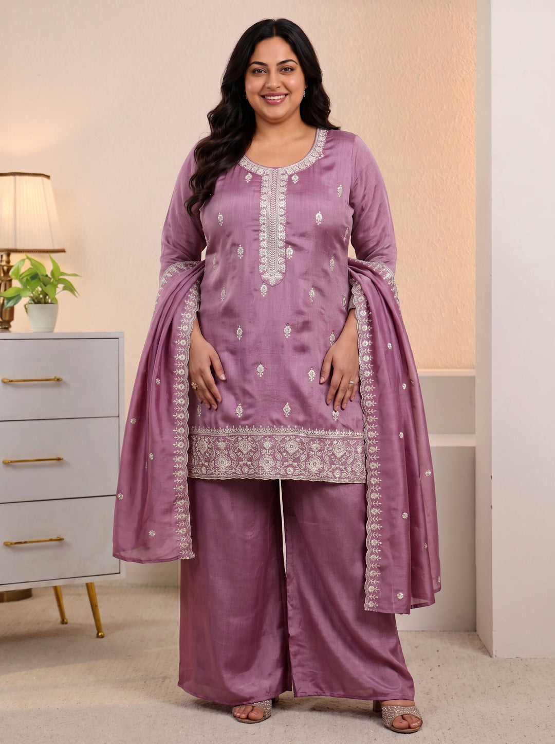 Plus Size Mauve Floral Embroidered Silk Blend Palazzo Suit Set