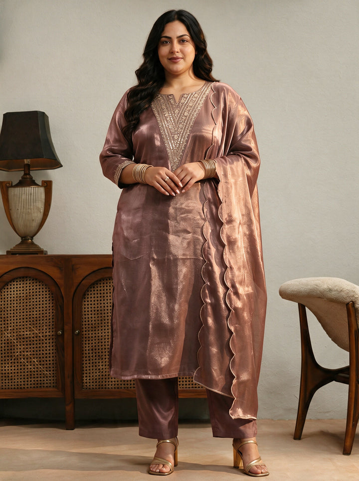 Plus Size Mauve Yoke Design Tissue Straight Suit Set