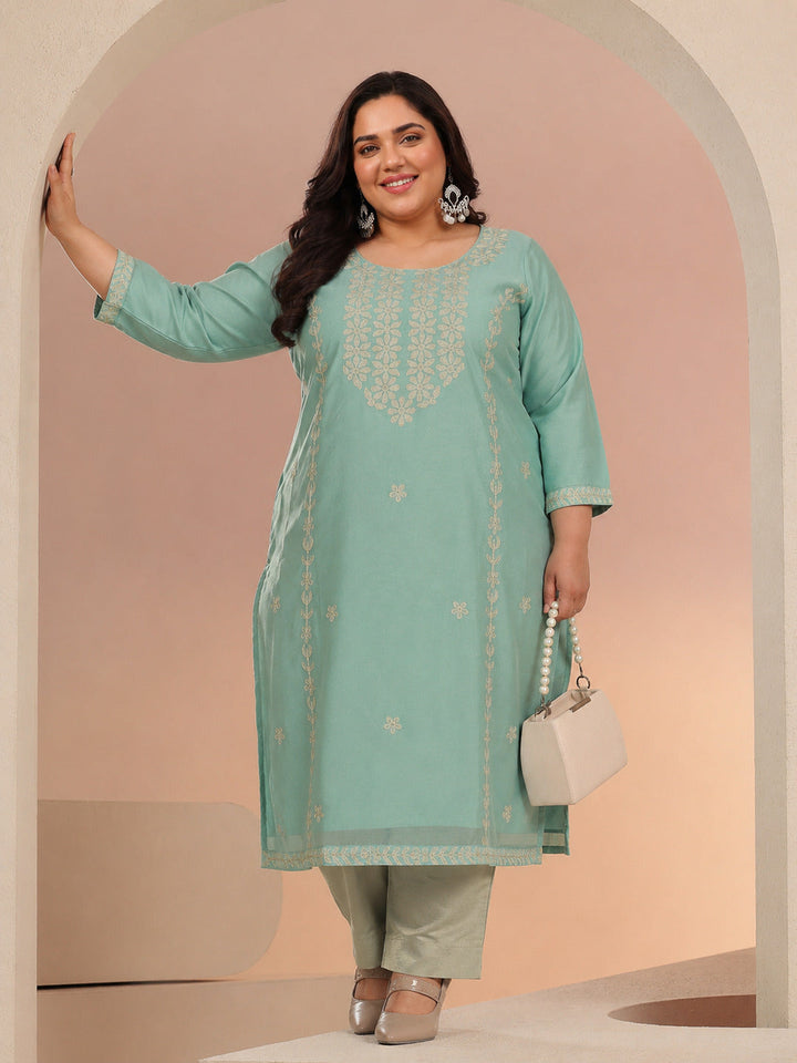 Plus Size Mint Green Floral Embroidered Silk Blend Straight Kurta