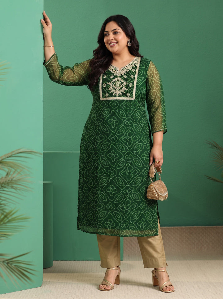Plus Size Moss Green Bandhani Printed Chiffon Straight Kurta