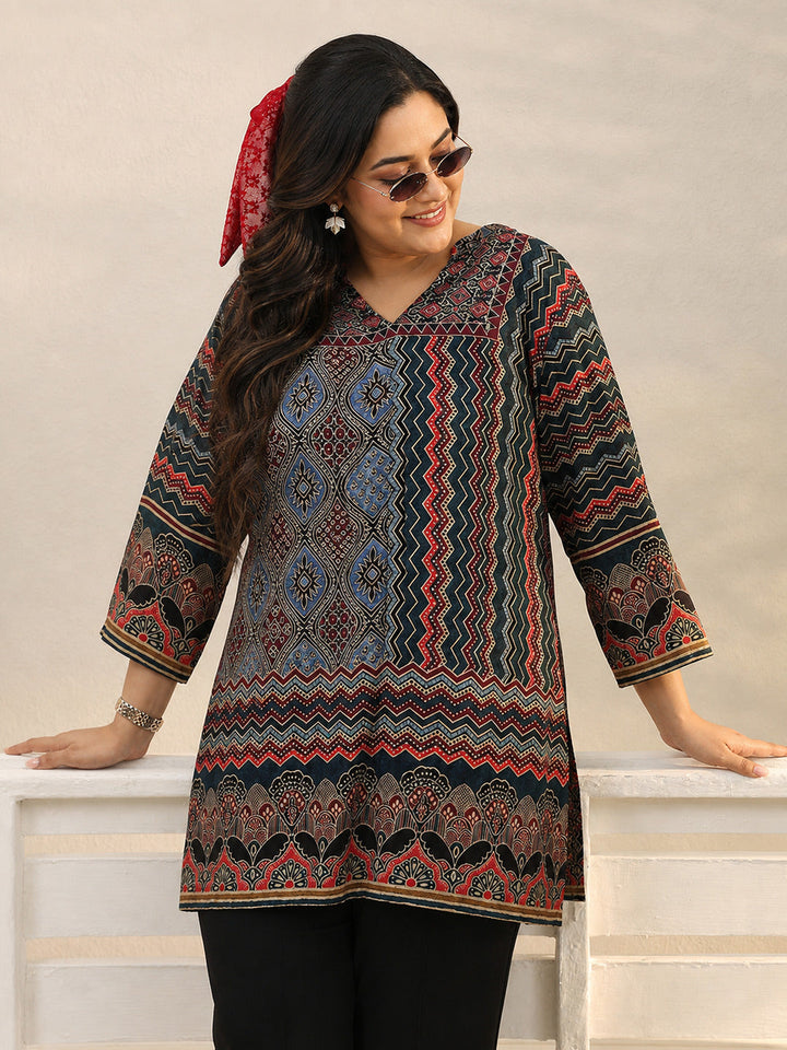 Plus Size Multi Colour Ethnic Printed Silk Blend Straight Short Kurti