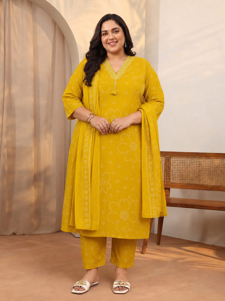 Plus Size Mustard Bandhani Printed Cotton Suit Set With Dupatta