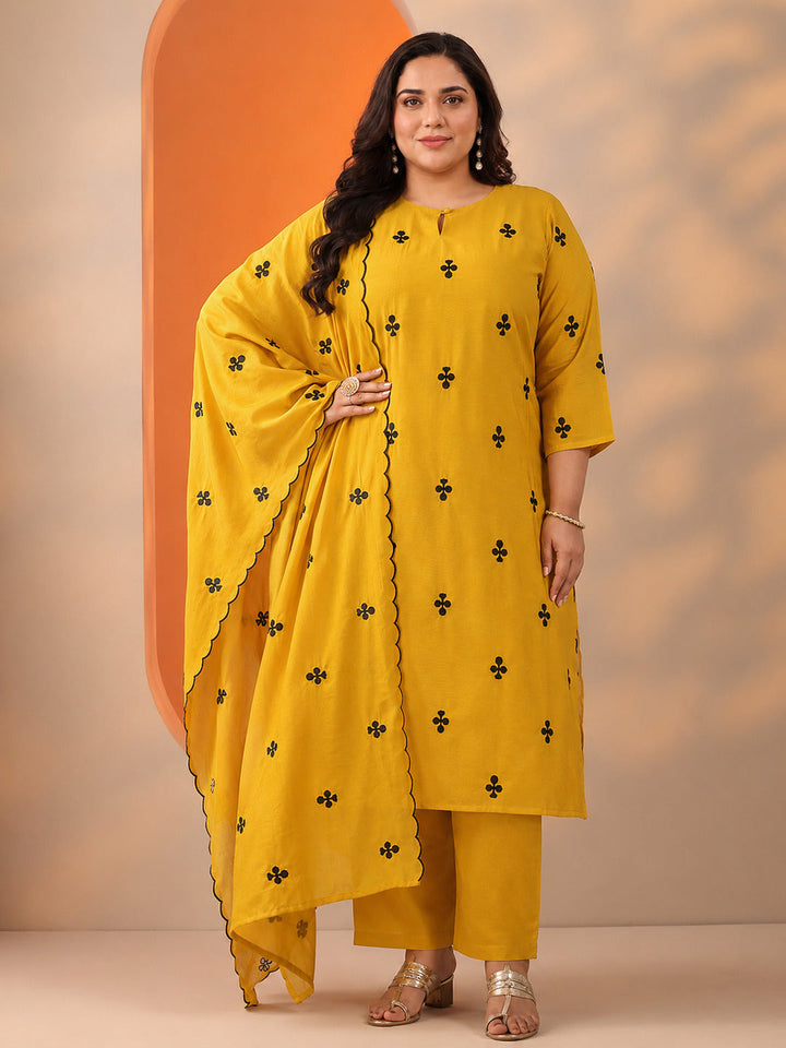 Plus Size Mustard Embroidered Cotton Blend Straight Suit Set With Dupatta