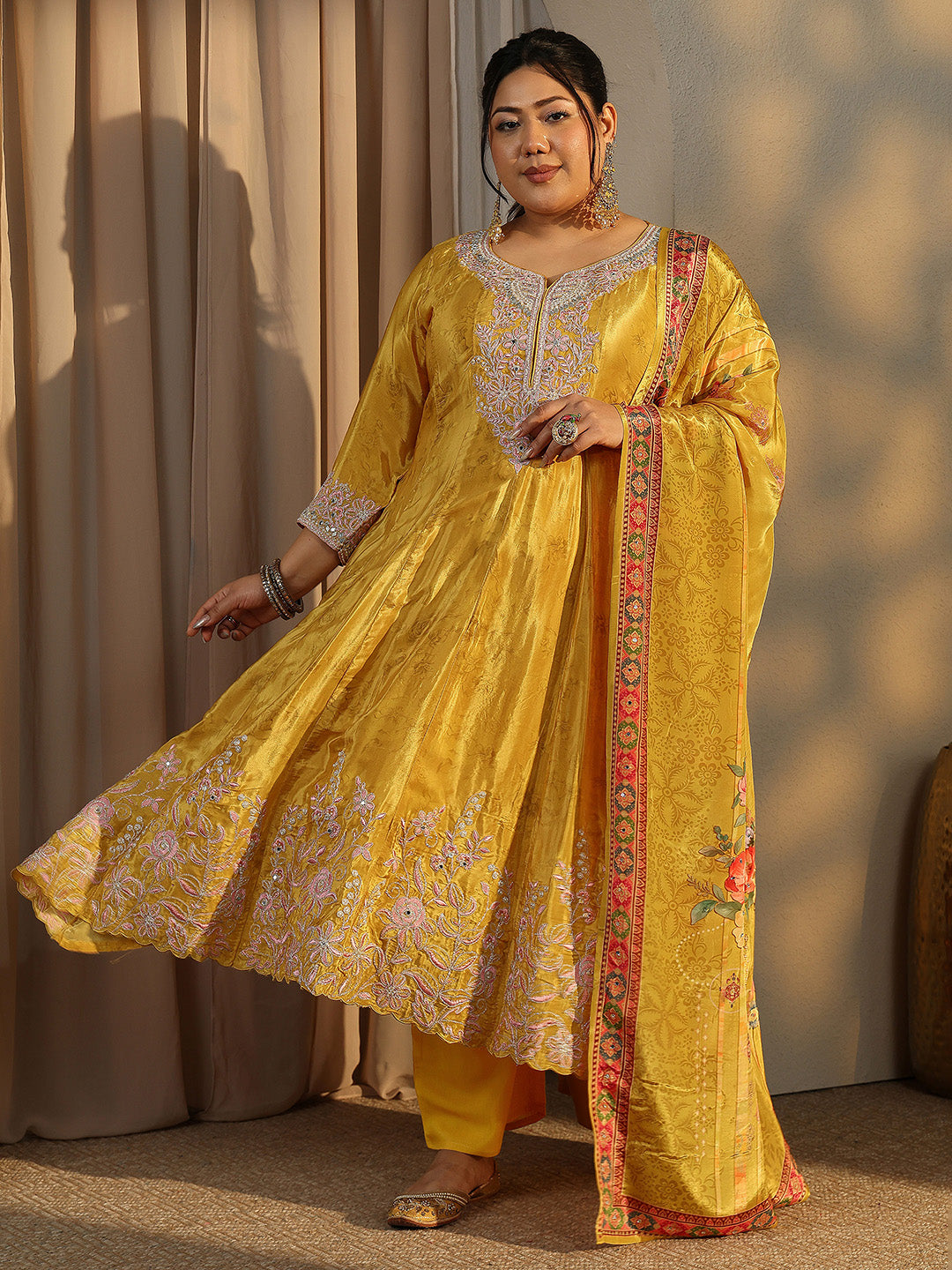 Plus Size Mustard Embroidered Crepe Anarkali Suit Set With Dupatta