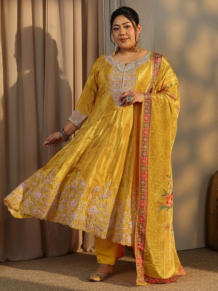 Plus Size Mustard Embroidered Crepe Anarkali Suit Set With Dupatta