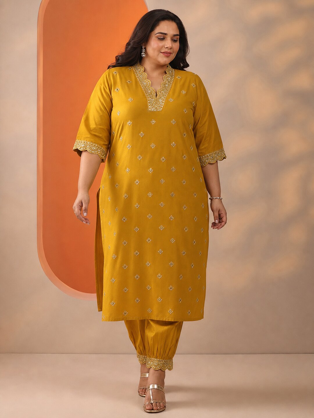 Plus Size Mustard Embroidered Silk Blend Straight Kurta Set