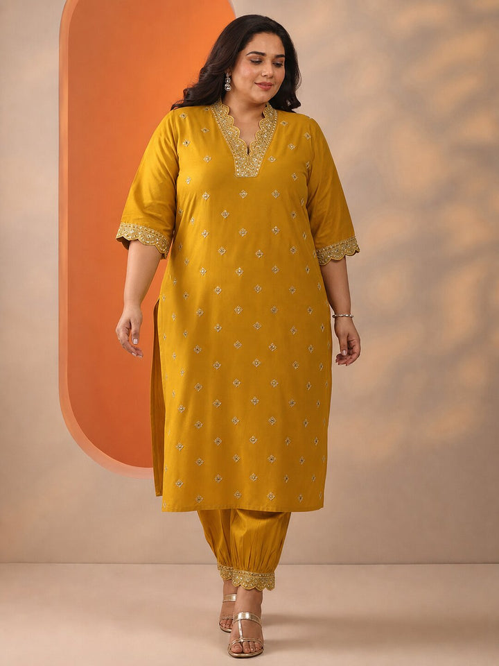 Plus Size Mustard Embroidered Silk Blend Straight Kurta Set