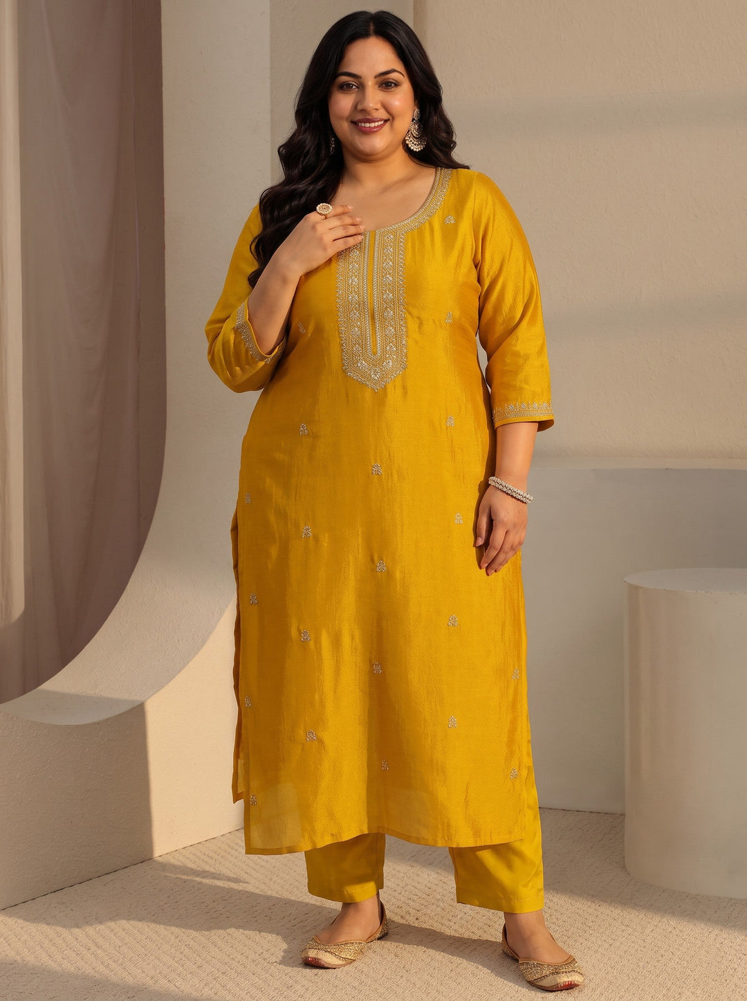 Plus Size Mustard Ethnic Embroidered Silk Blend Straight Kurta