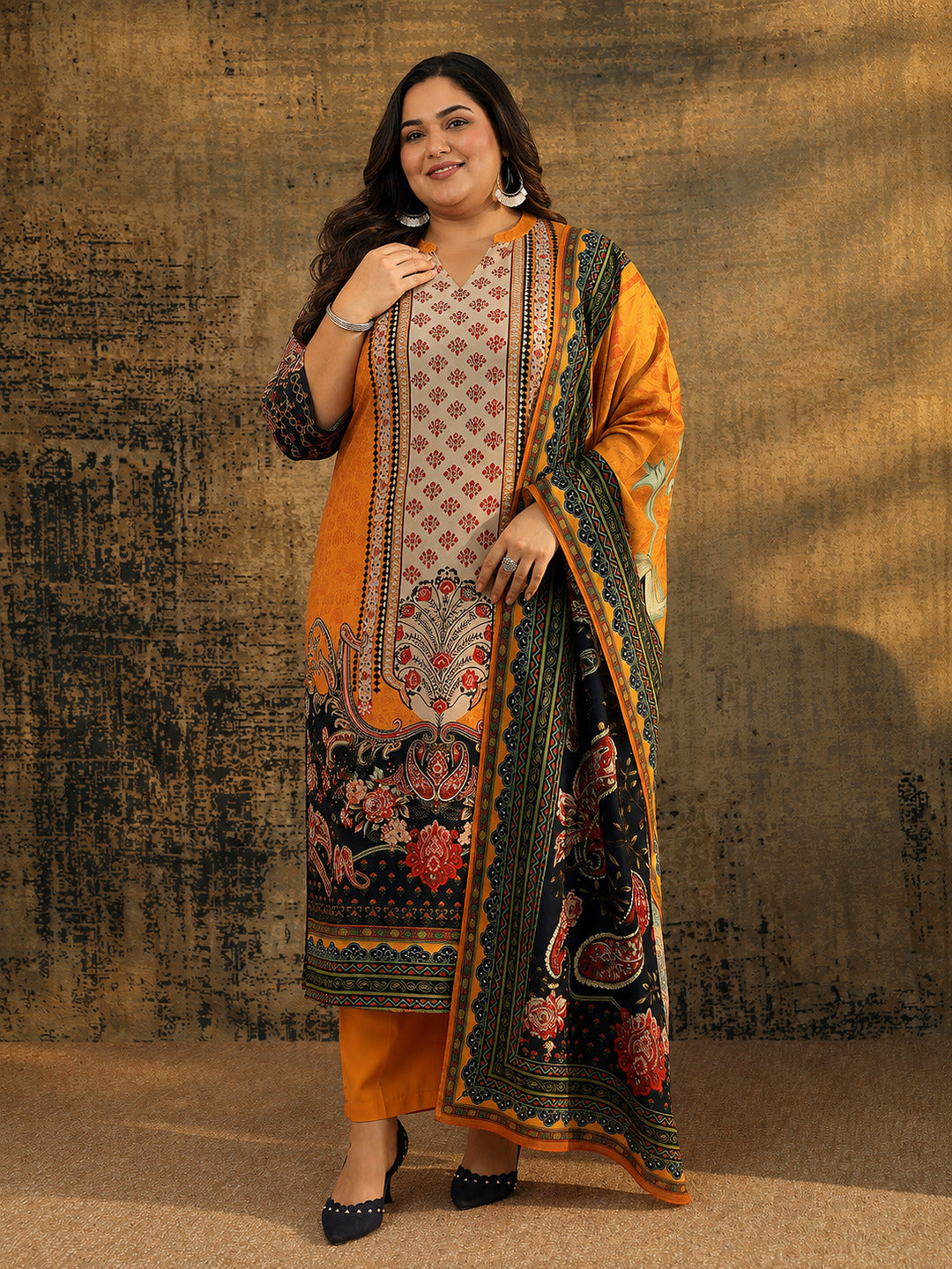 Plus Size Mustard Ethnic Motif Muslin Straight Suit Set