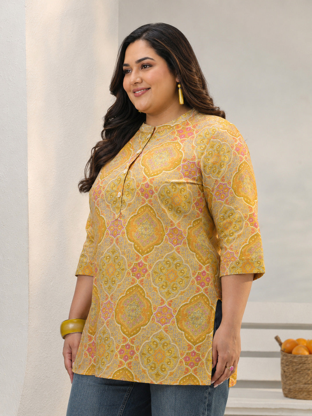 Plus Size Mustard Ethnic Printed Silk Blend Straight Short Kurti