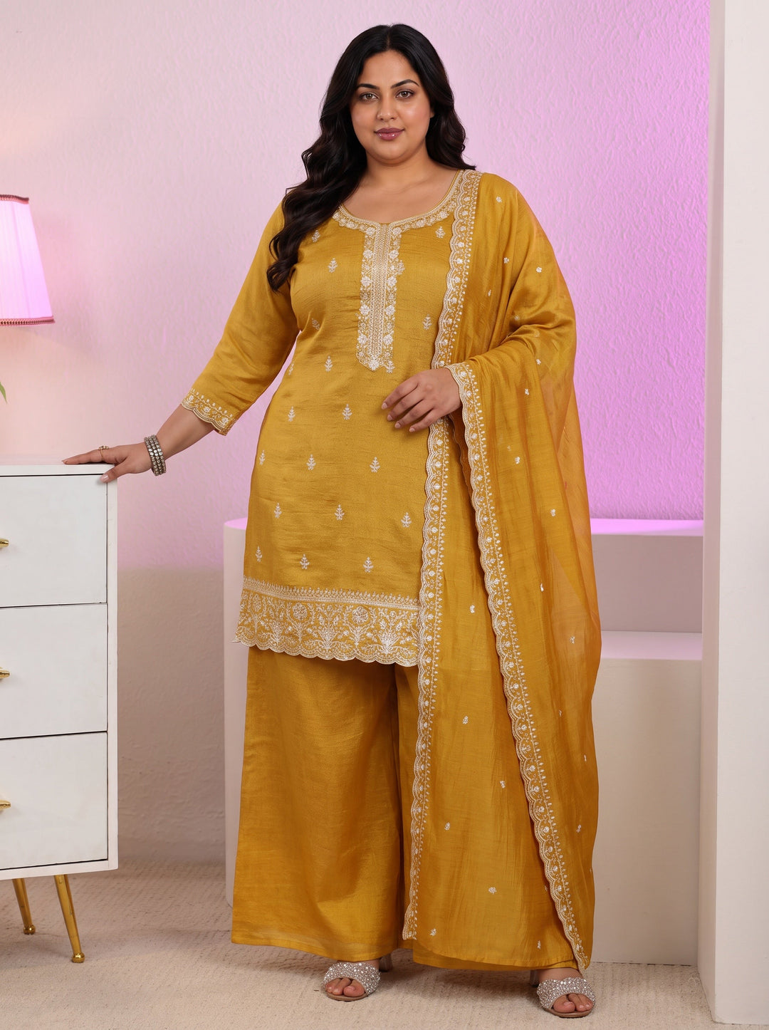 Plus Size Mustard Floral Embroidered Silk Blend Palazzo Suit Set