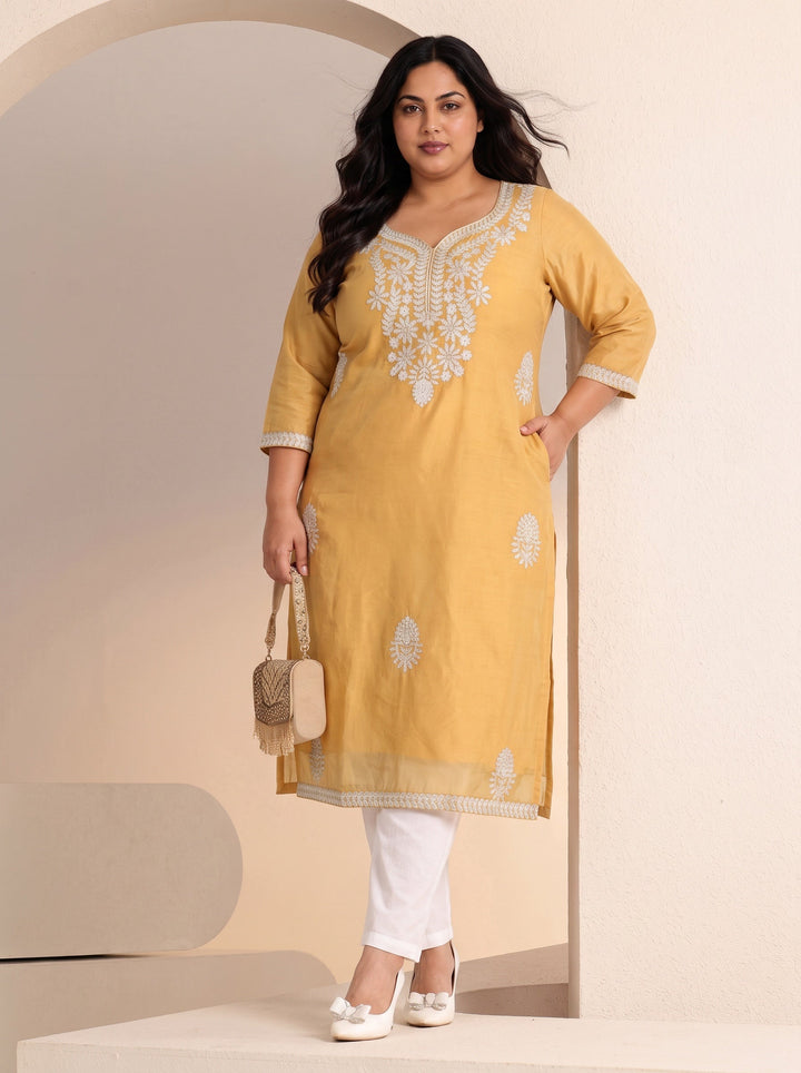 Plus Size Mustard Floral Embroidered Silk Blend Straight Kurta
