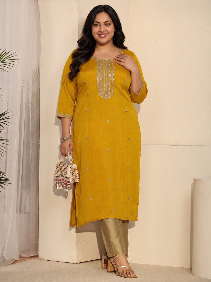 Plus Size Mustard Floral Embroidered Silk Blend Straight Kurta