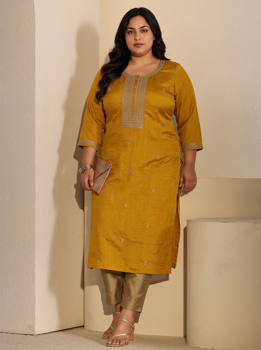 Plus Size Mustard Floral Embroidered Silk Blend Straight Kurta