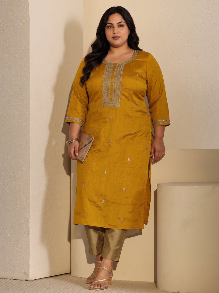 Plus Size Mustard Floral Embroidered Silk Blend Straight Kurta