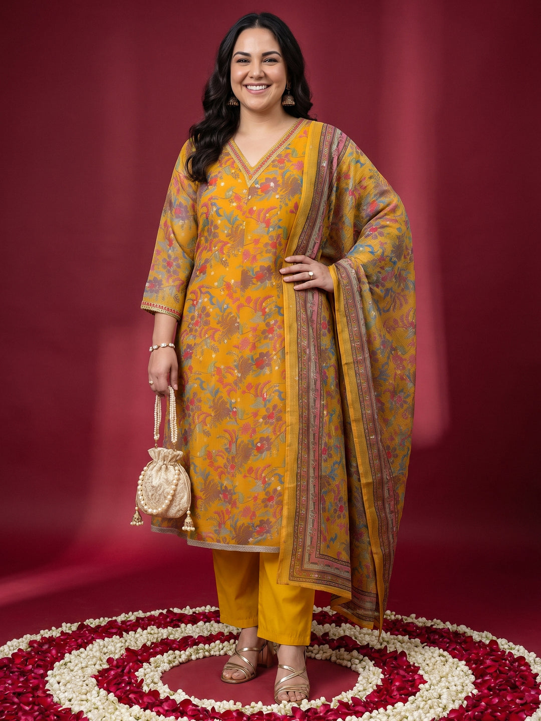 Plus Size Mustard Floral Printed Chiffon A-Line Suit Set