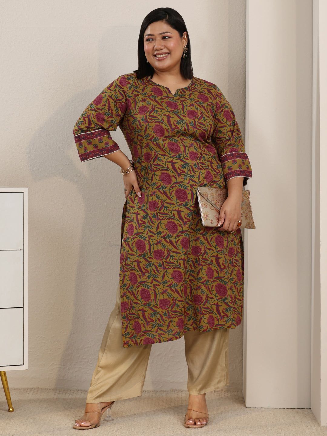 Plus Size Mustard Floral Printed Cotton Straight Kurta