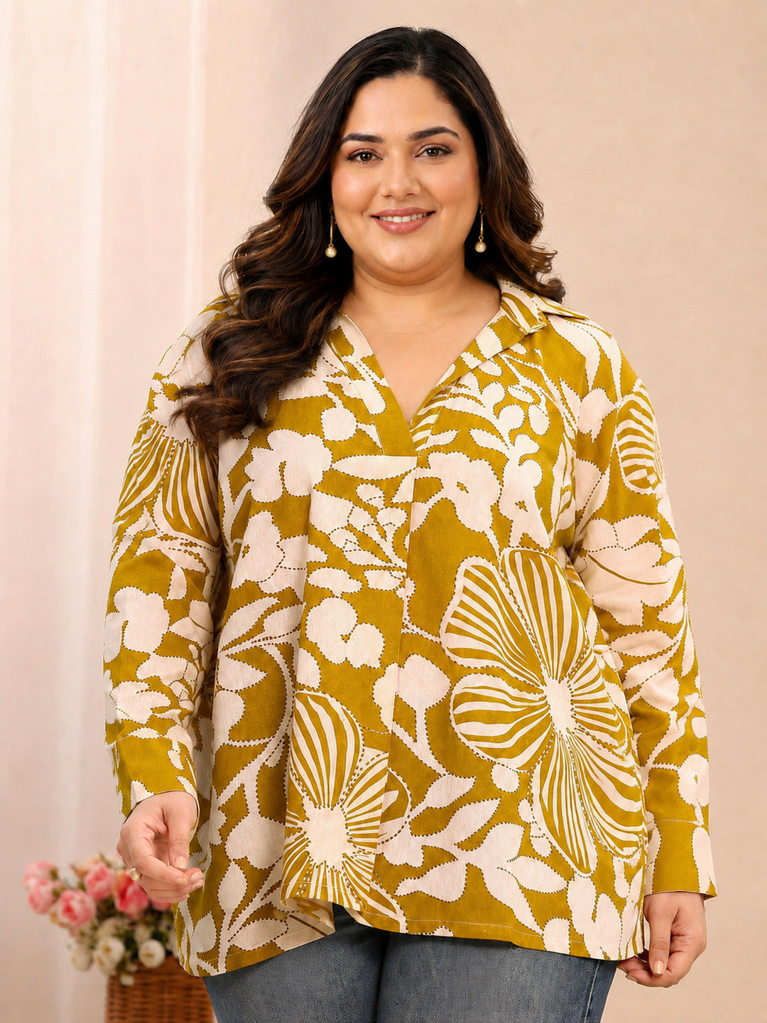 Plus Size Mustard Floral Printed Cotton Straight Short Kurti