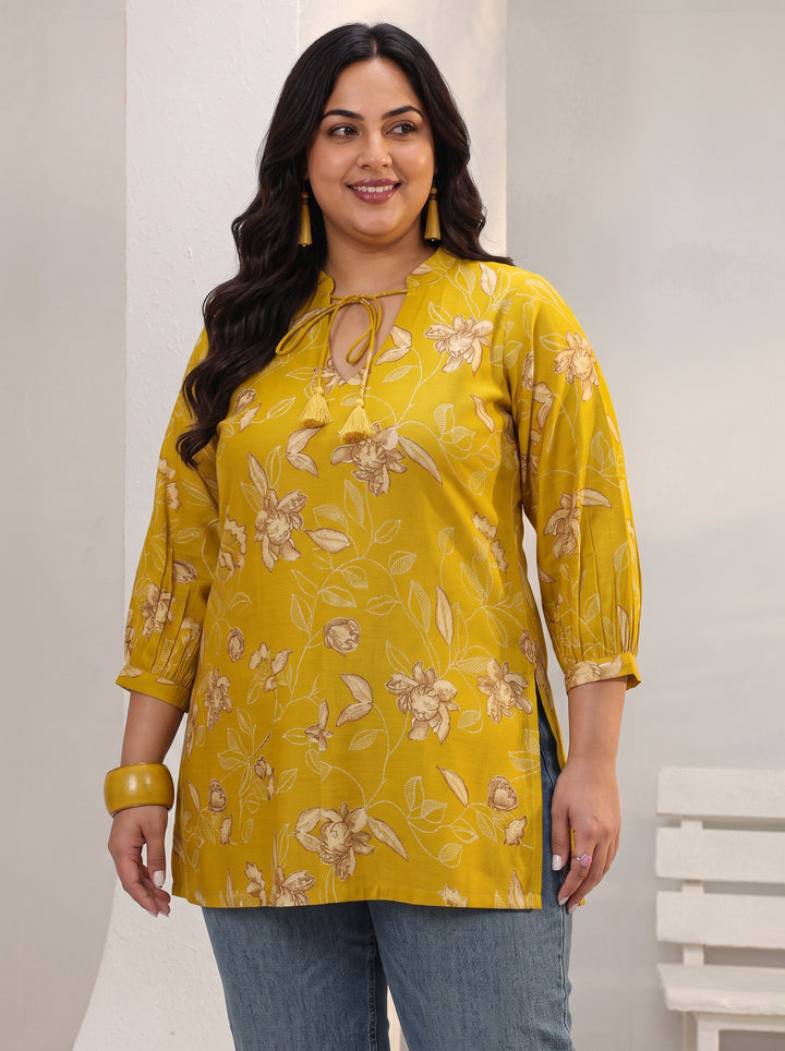 Plus Size Mustard Floral Printed Silk Blend Straight Tie-Up Short Kurti