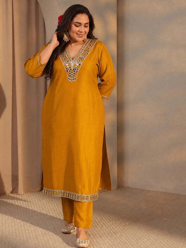 Plus Size Mustard Mirror Work Yoke Design Silk Blend Straight kurta With Trouser