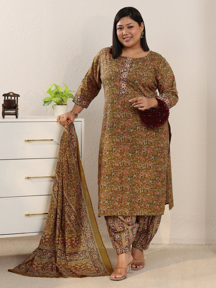 Plus Size Mustard Printed Cotton Straight Suit With Dupatta
