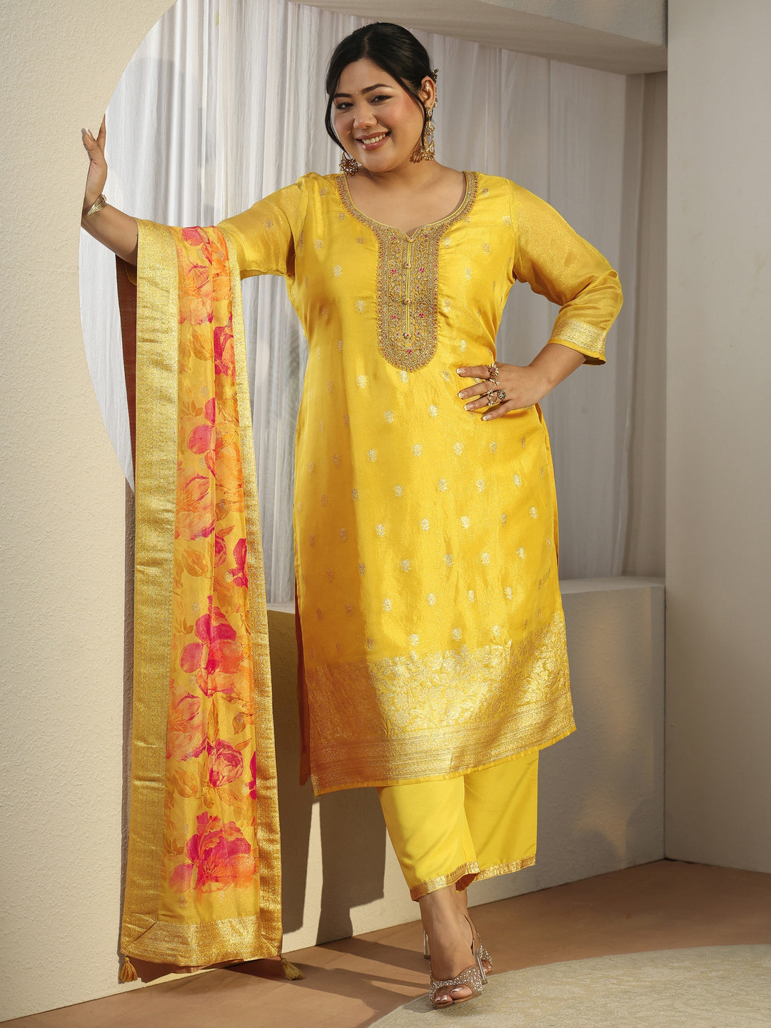 Plus Size Mustard Woven Design Chanderi Silk Straight Suit With Dupatta