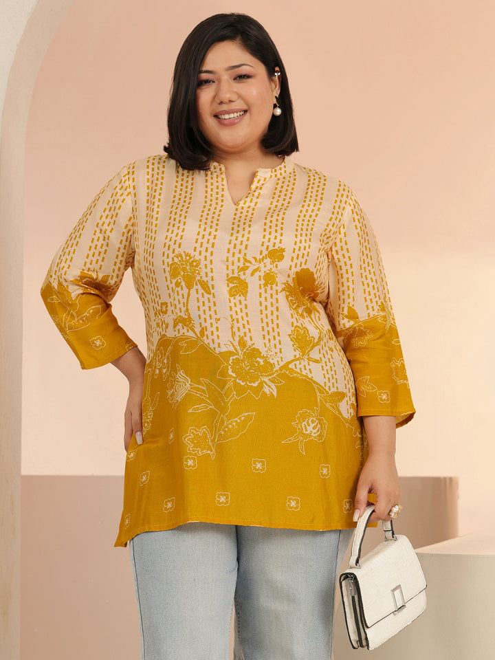 Plus Size Mustard Yellow Printed Muslin Straight Short Kurti