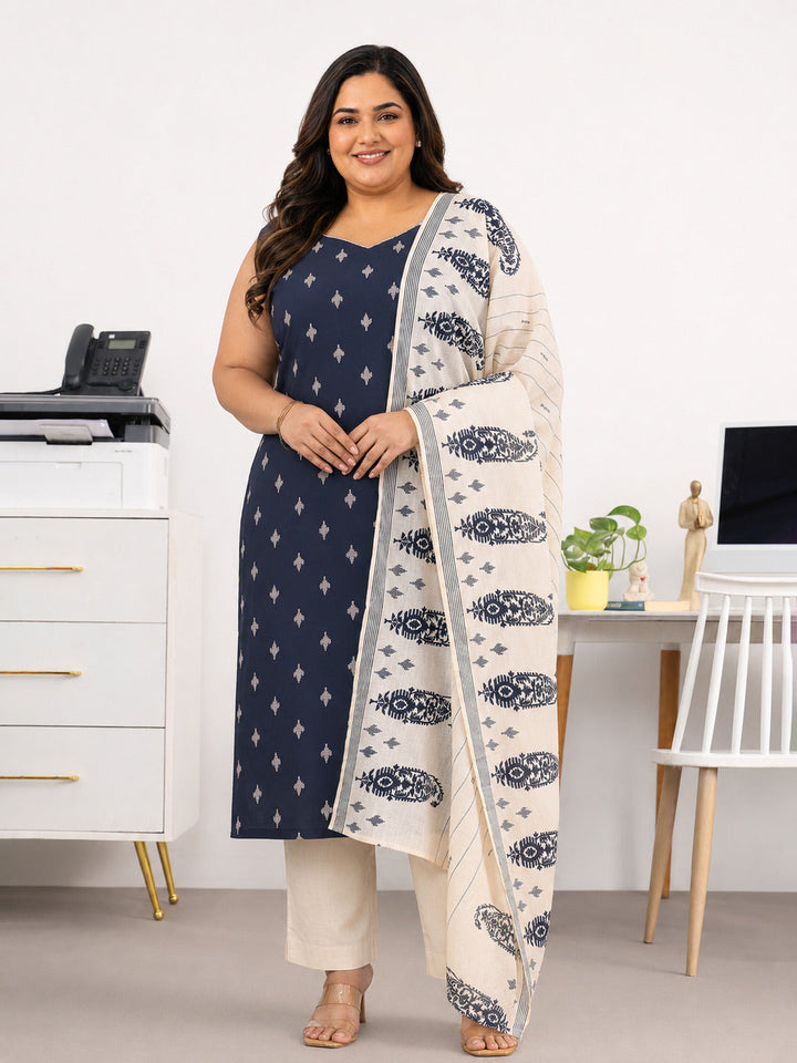 Plus Size Navy Blue Ethnic Motifs Woven Design Cotton Blend A-Line Kurta Set