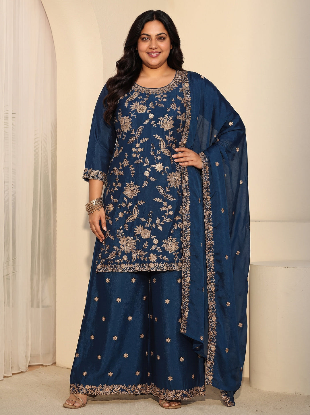 Plus Size Navy Blue Floral Embroidered Chinon Palazzo Suit Set