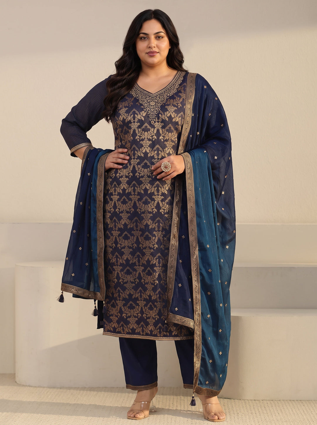 Plus Size Navy Blue Floral Embroidered Silk Blend Straight Suit Set