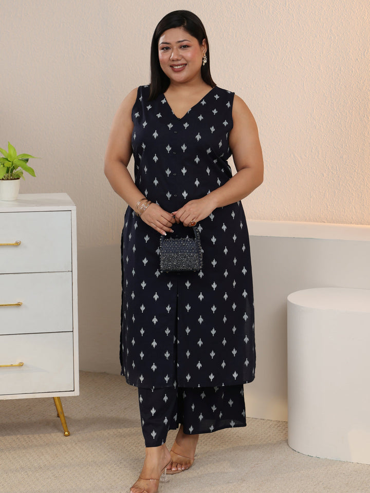 Plus Size Navy Blue Floral Printed Cotton Blend Straight Kurta Set